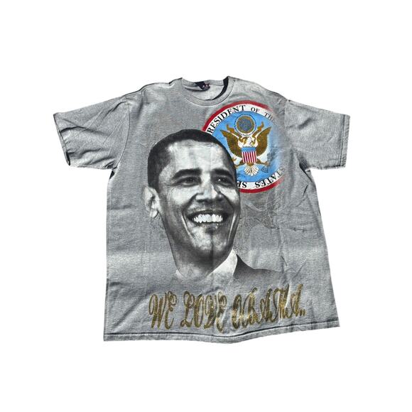 Phat Farm Mens 1XL We Love Obama Men's T Shirt Gold Glitter Cursive Lettering - Picture 1 of 8